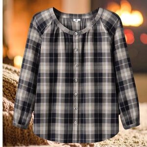 J. Jill Plaid Button-Up, Round Neck Shirt in Black and Gray